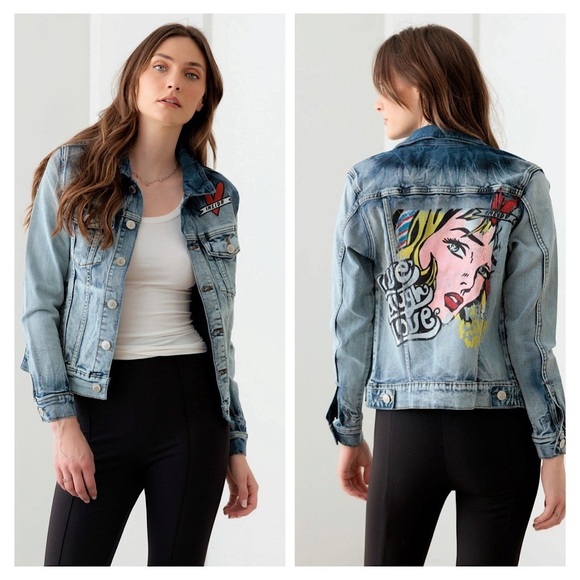 Face Graffiti Print Acid Wash Denim Jacket-NWT - Picture 2 of 9